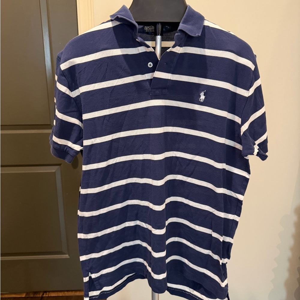 Ralph Lauren Men's Polo in Navy and White Stripes Size Large
